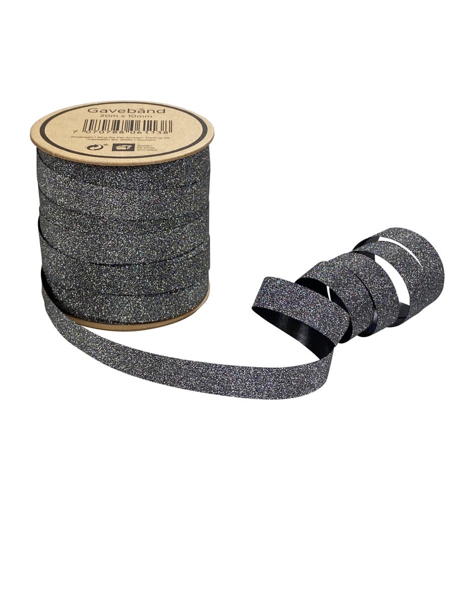 Gavebånd 20m x 10mm gråsort glitter