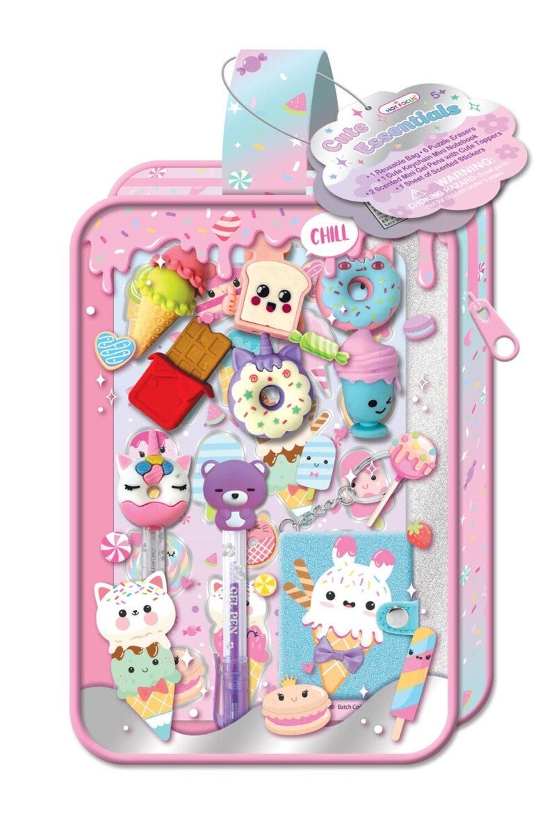 Bag m/viskelær og skrivesaker