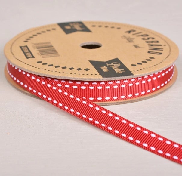 Ripsbånd rød med hvite sting 10m x 10mm
