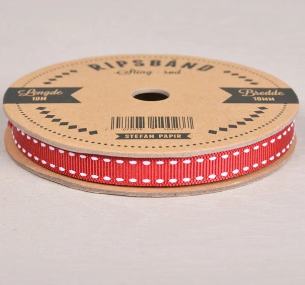 Ripsbånd rød med hvite sting 10m x 10mm