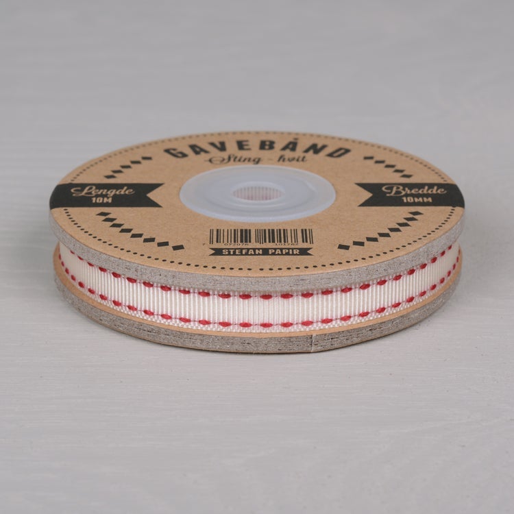 Ripsbånd hvit med røde sting 10m x 10mm