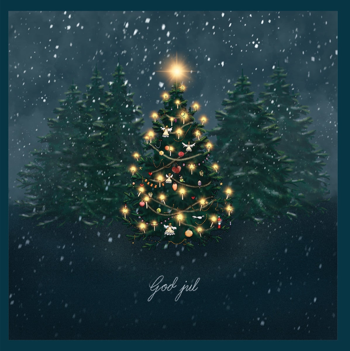 Julekort doble 15X15 cm, m/Konvolutt Juleskog