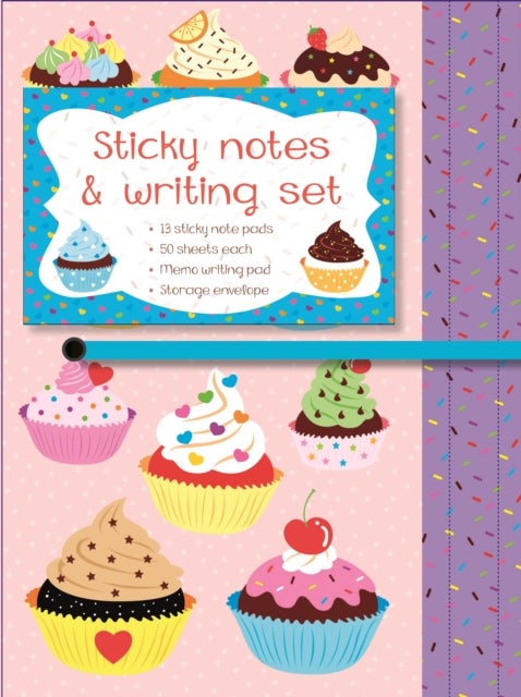 Sticky Notes and Writing Set: Cupcakes - Adorable stationery wallet set of writing pad, sticky notes and envelope with cute colourful cupcake illustrations