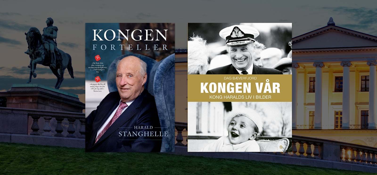 Bøkene «Kongen forteller» og «Kongen vår» gir ulike innblikk i Kong Haralds liv og historie. (Bakgrunnsfoto av TTstudio)
