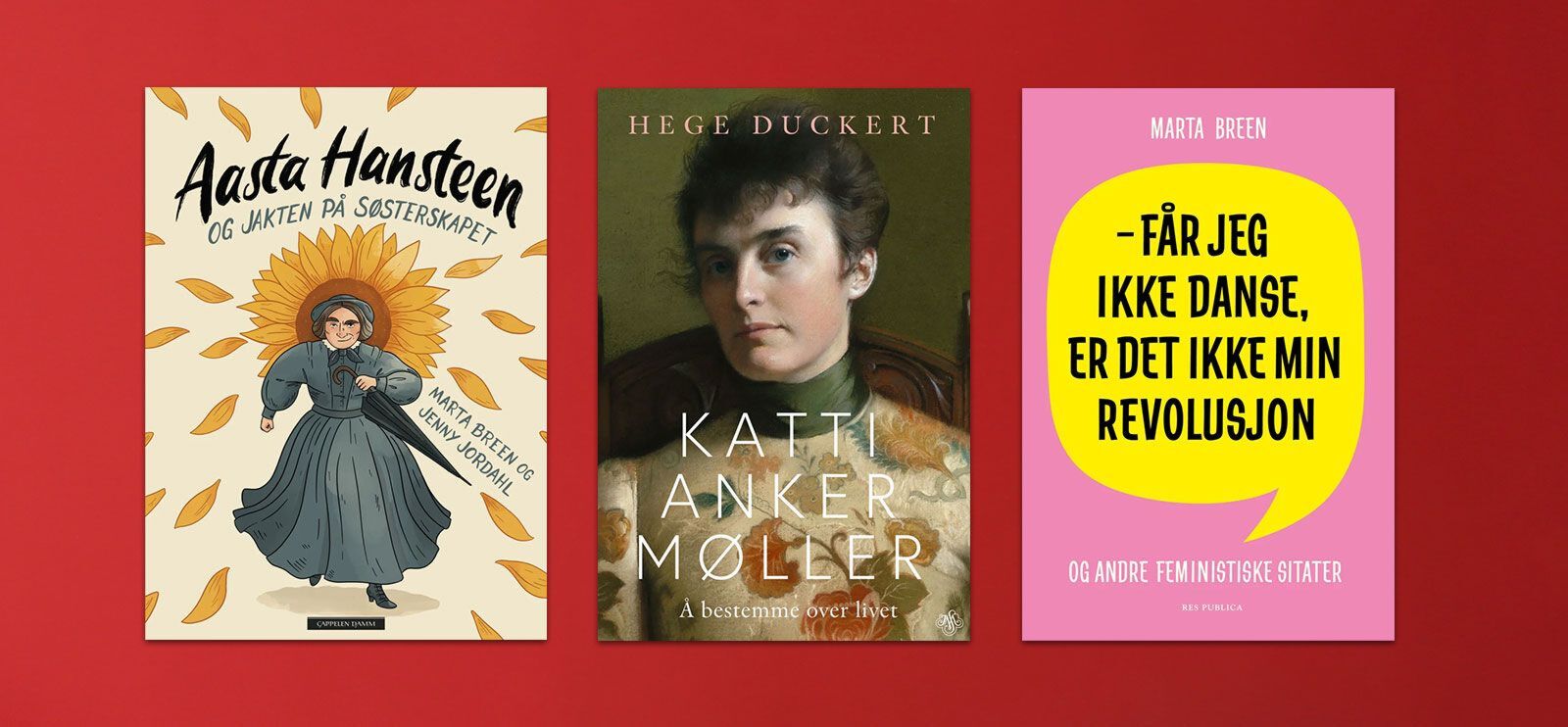 Fire bokomslag mot en magenta mønstret bakgrunn.