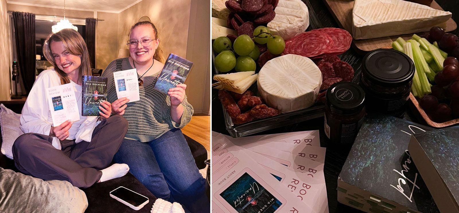 Todelt bilde: To unge kvinner som smiler og holder boken "Unwanted" som de har lest i bokklubb. Bord med ost og kjeks.