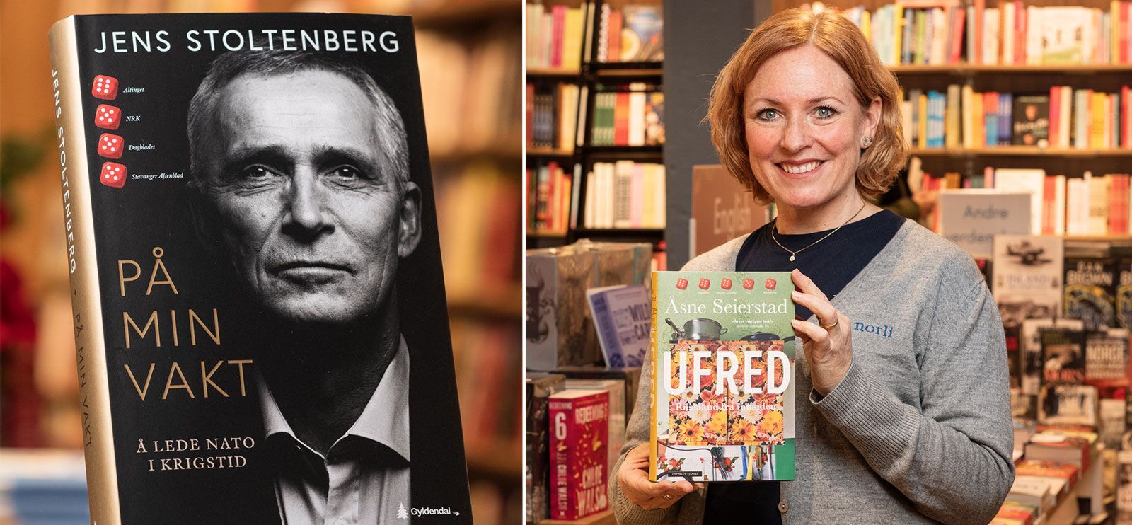 Todelt bilde: Jens Stoltenbergs bok På min vakt. Norli-ansatt som holder Åsne Seierstads nye bok Ufred.