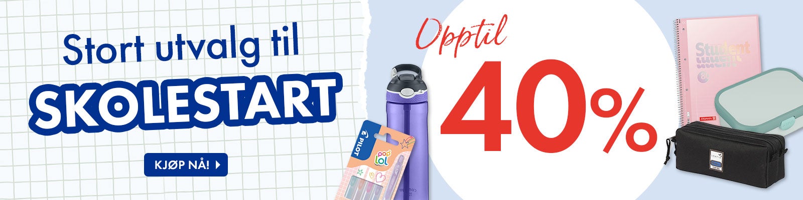 Stort utvalg til skolestart. Opptil 40% på en rekke varer.