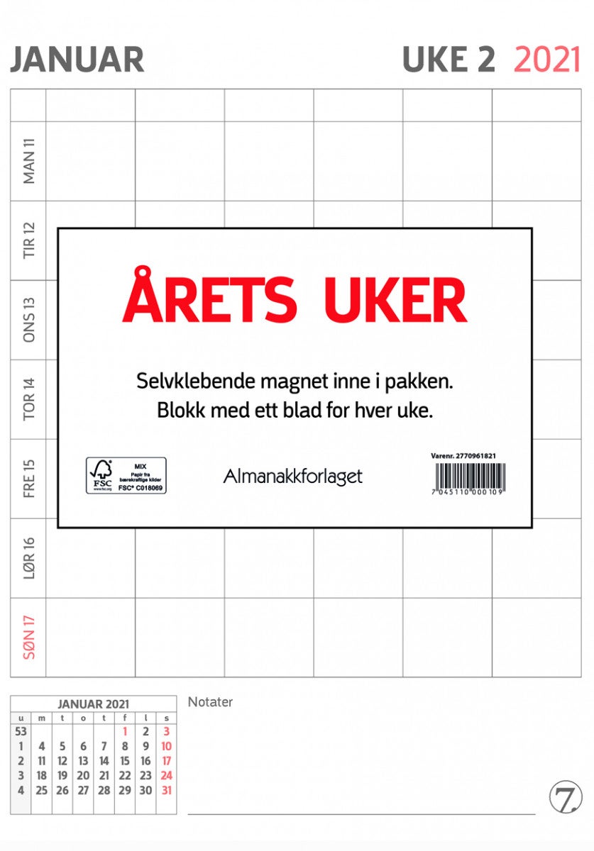Familieplanlegger 2021 Årets uker 7.Sans Limt