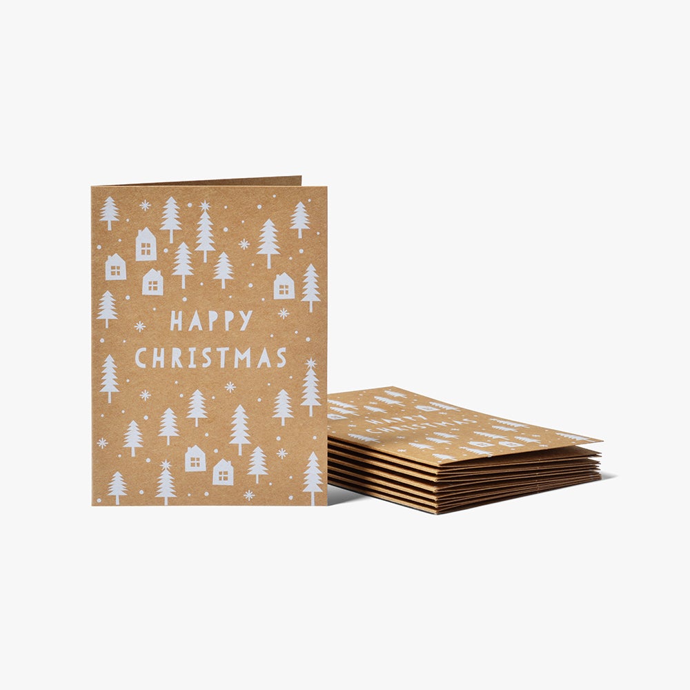 Julekort Wh Trees And Houses Kraft 8pk