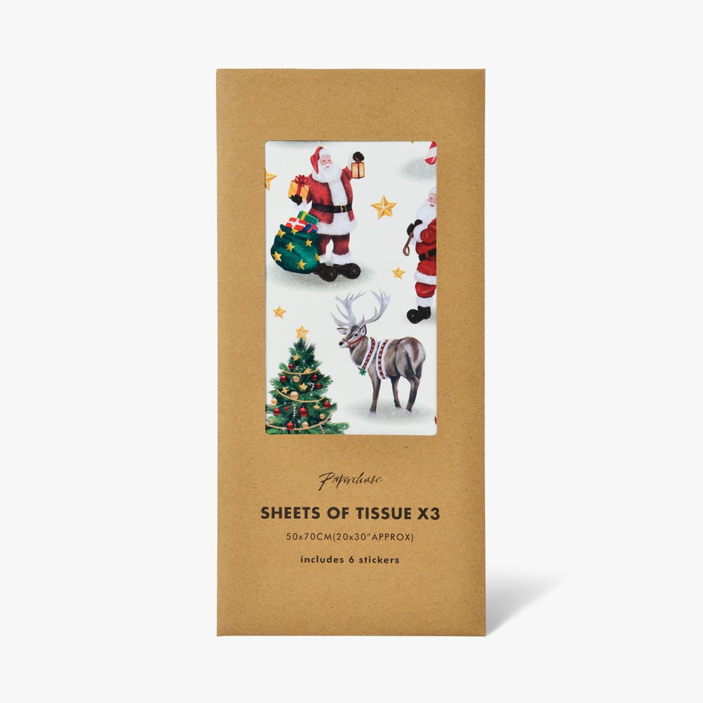 Silkepapir Vintage Santa 3ark m/stickers
