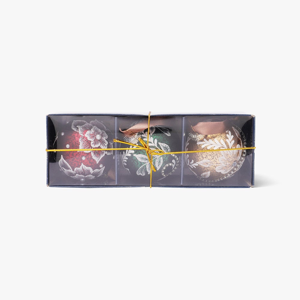 Julekuler Floral Baubles i glass 3pk