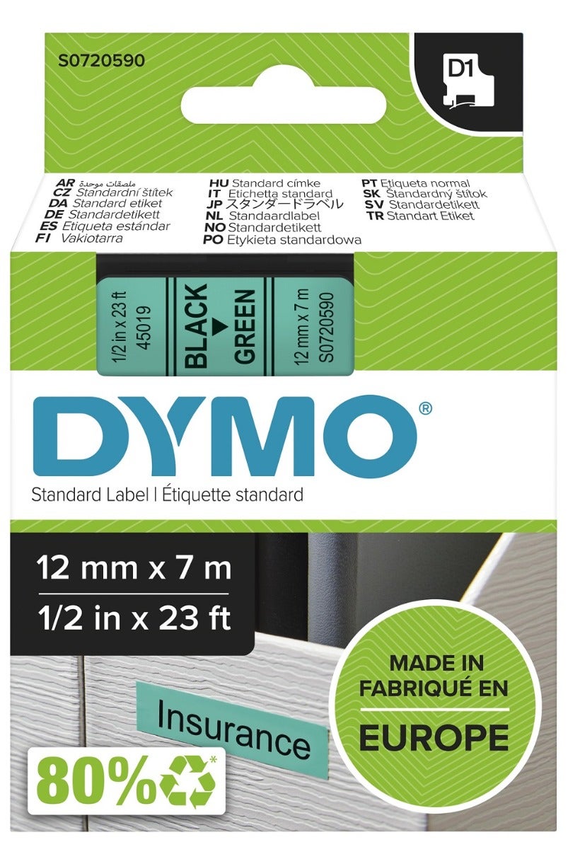Tape Dymo D1 12mmx 7m sort/grønn