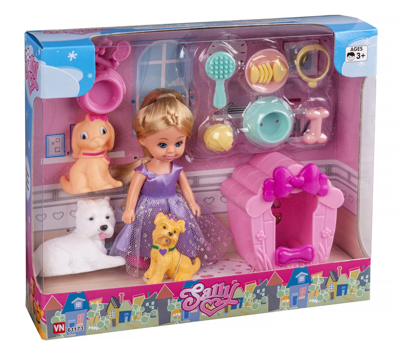 Dukke Sally Dukke m/hunder og tilbehør