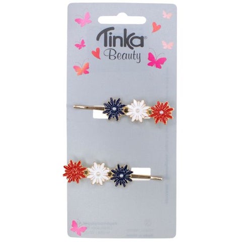 Hårspenne m/blomst rød/hvit/blå 2stk - Tinka Beauty