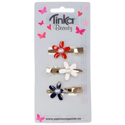 Hårspenne m/blomst rød/hvit/blå 3stk - Tinka Beauty