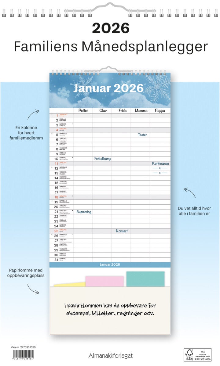 Kalender 2026 Familiens Månedsplanlegger