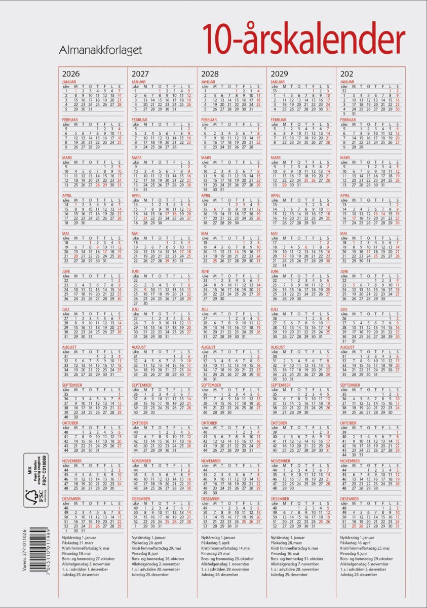 Kalender 2026 7.Sans Tiårskalender A4 2022 - 2031