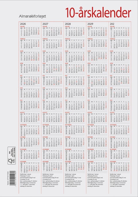 Kalender 2026 7.Sans Tiårskalender A4 2022 - 2031