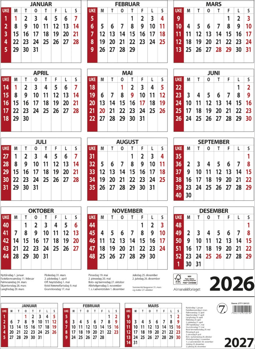 Kalender 2026 7.Sans Årskalender A3
