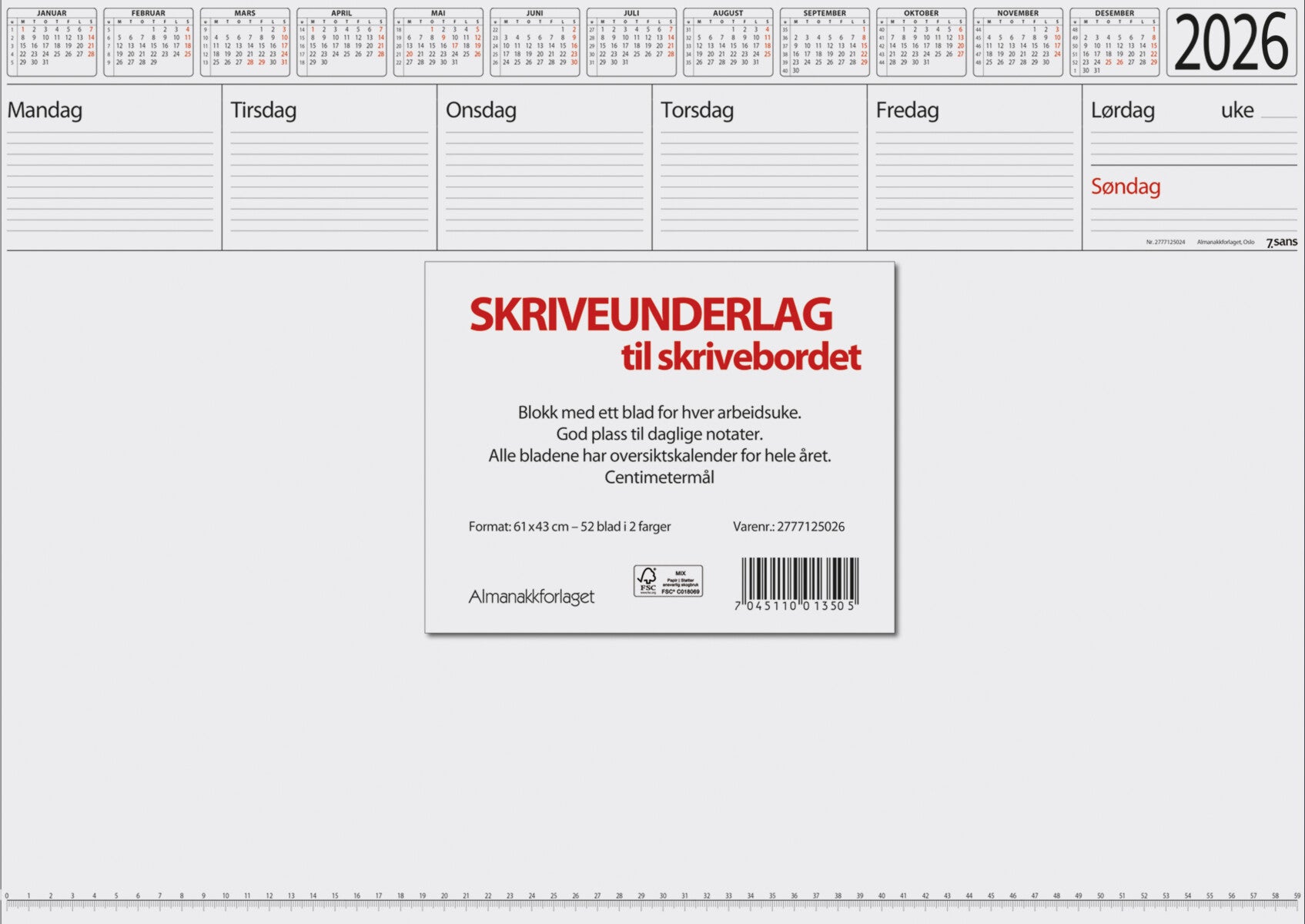 Kalender 2026 7.Sans Skriveunderlag i papir