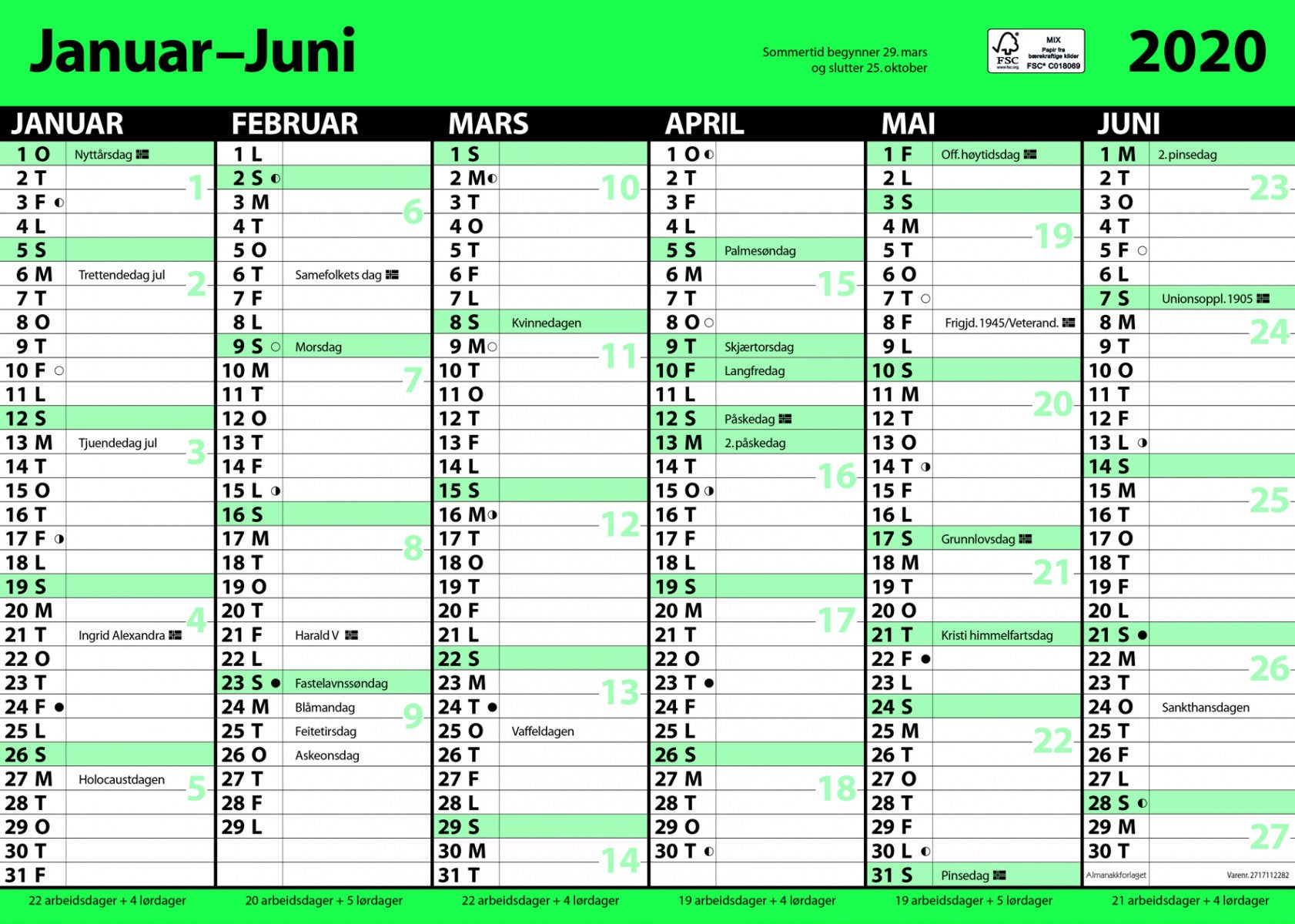 7.Sans Kontorkalender. Enkel A3 Med Linjer 2020