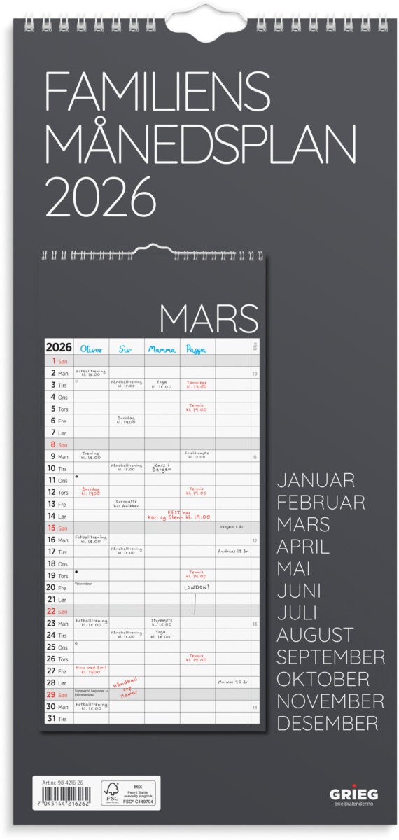 Familiens månedsplan Grieg 2026 grå