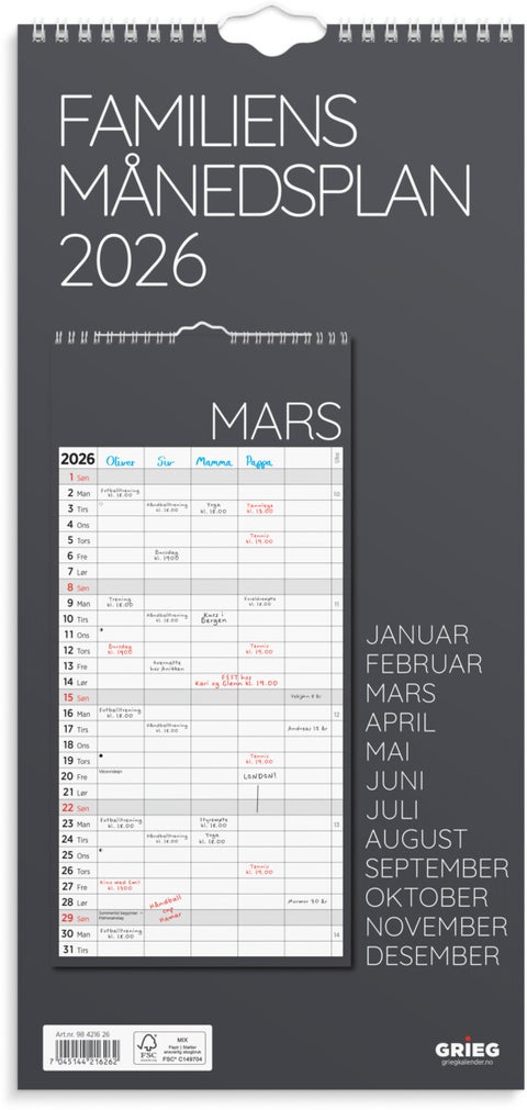 Familiens månedsplan Grieg 2026 grå