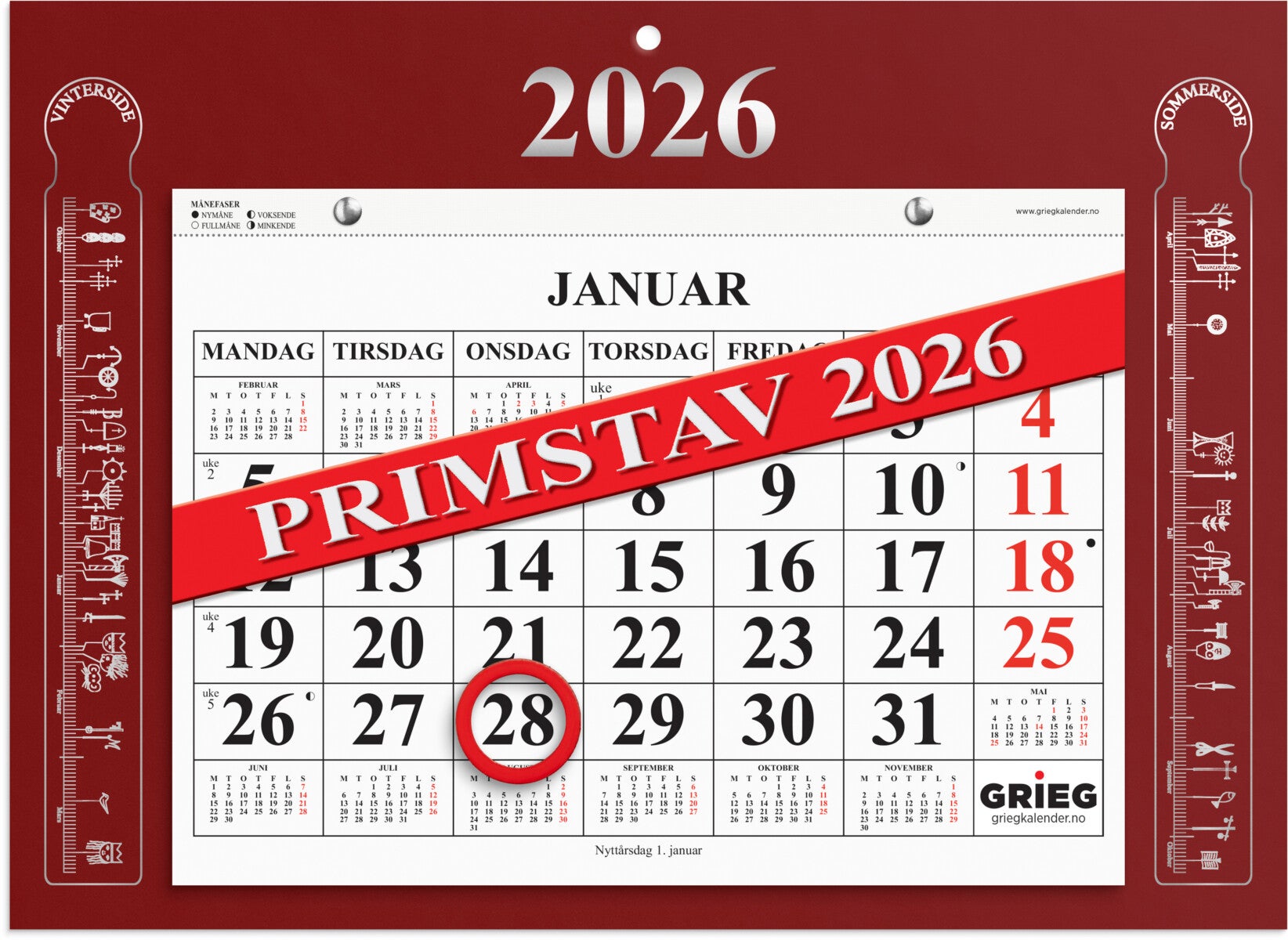 Magnetkalender Grieg 2026 Primstav rød