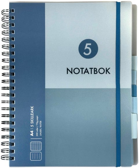 Notatbok med 5 skilleark Norli A4 blå 300 sider