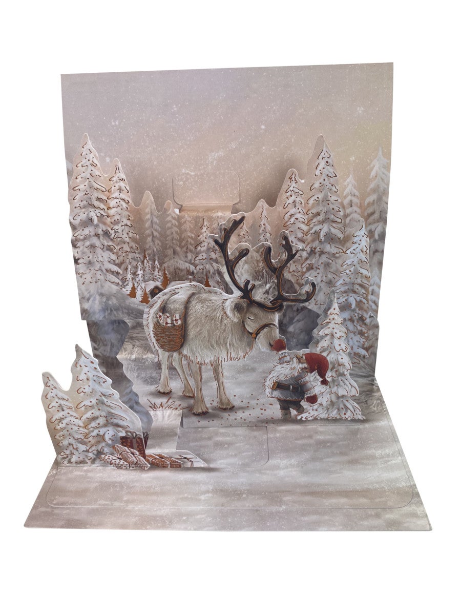Julekort 3D pop up Reinsdyr og nisse