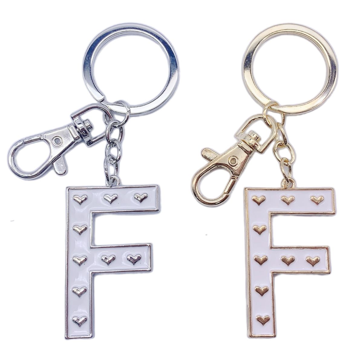 Nøkkelring F Hvit emalje Gull/Sølv