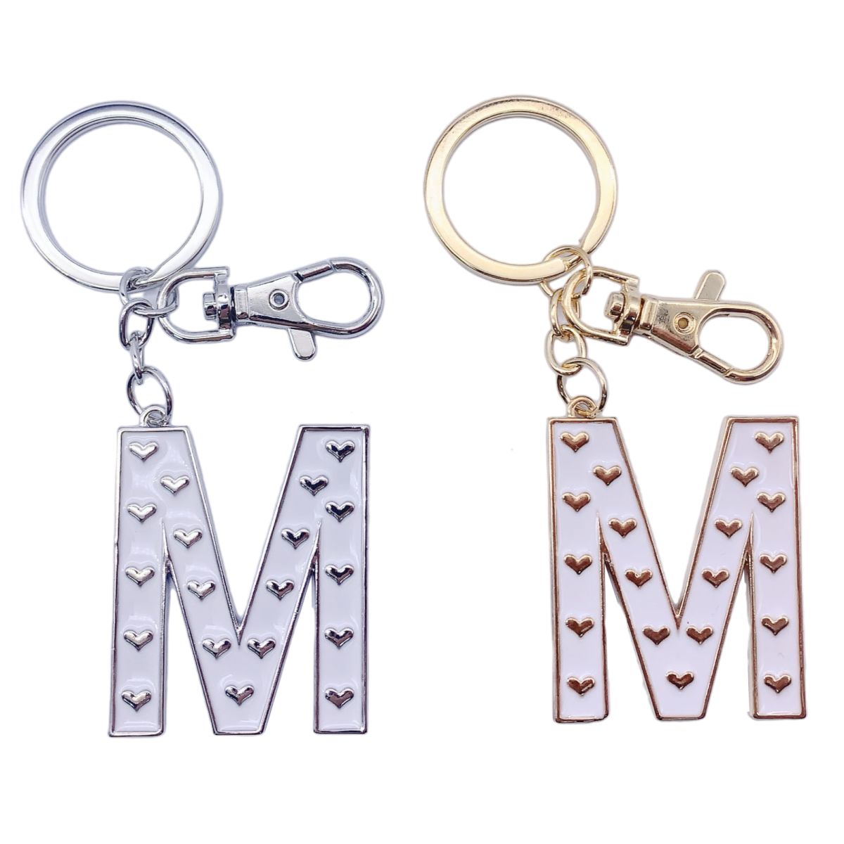 Nøkkelring M Hvit emalje Gull/Sølv