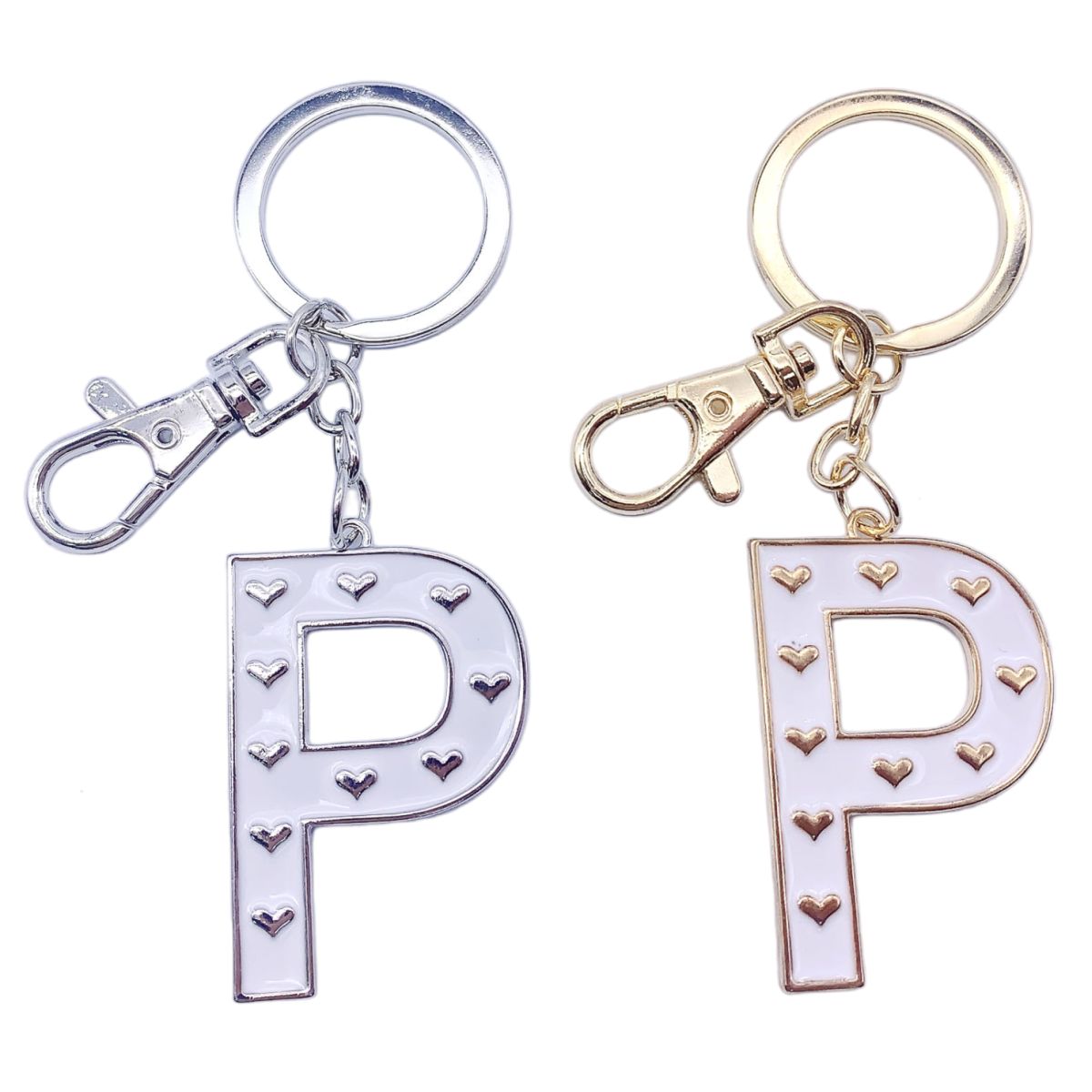 Nøkkelring P Hvit emalje Gull/Sølv