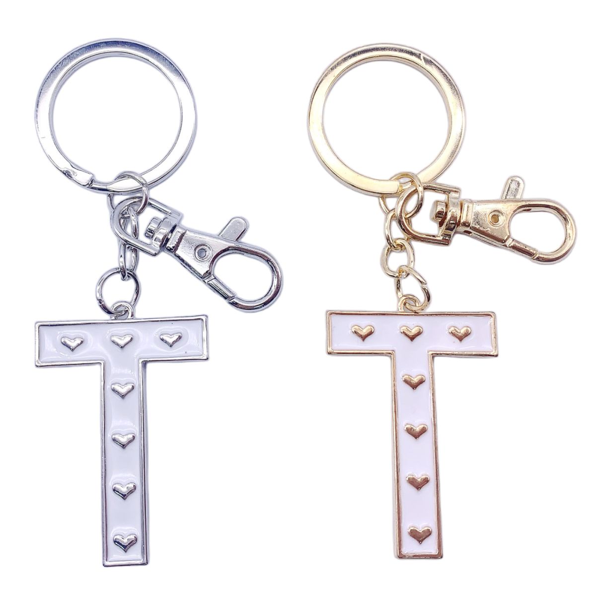 Nøkkelring T Hvit emalje Gull/Sølv