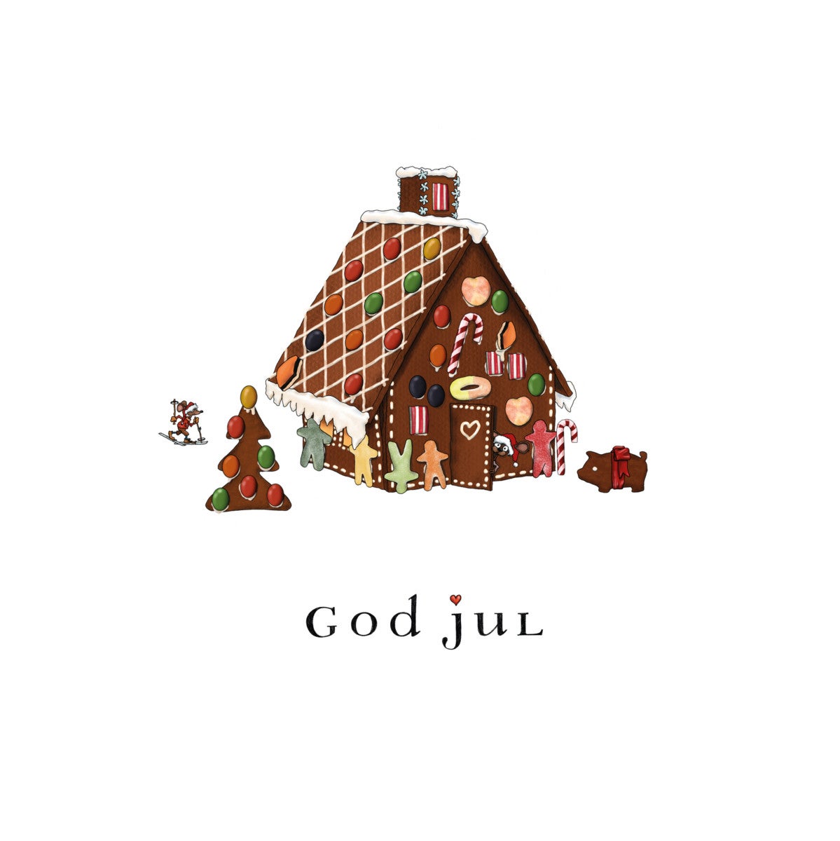 Julekort doble 15X15 cm, m/Konvolutt Pepperkakehus