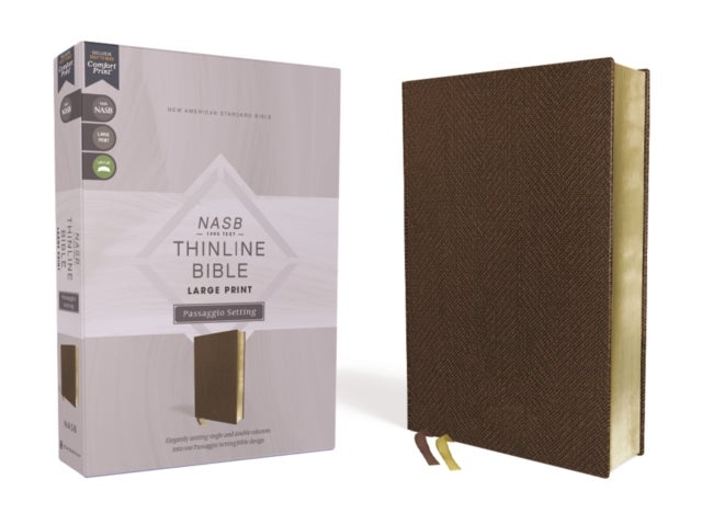 NASB, Thinline Bible, Large Print, Passaggio Setting, Leathersoft, Brown, Red Letter, 1995 Text, Com - Elegantly uniting single and double columns into one Passaggio Setting Bible design