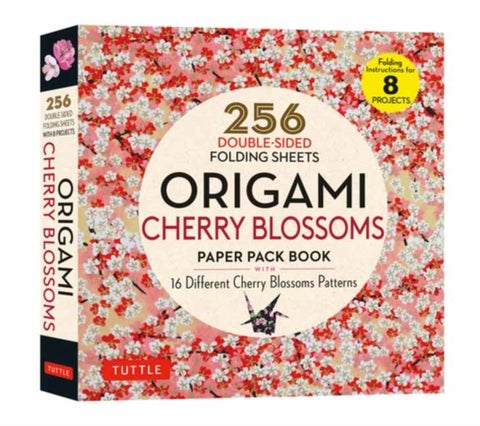 Origami Cherry Blossoms Paper Pack Book - 256 Double-Sided Folding Sheets with 16 Different Cherry Blossom Patterns with solid colors on the b