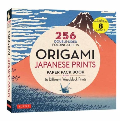 Origami Japanese Prints Paper Pack Book - 256 Double-Sided Folding Sheets with 16 Different Japanese Woodblock Prints with solid colors on the