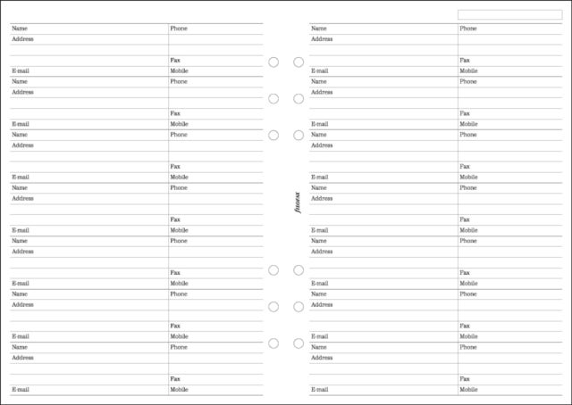 Filofax A5 Name, address, email, telephone, fax, mobile refill