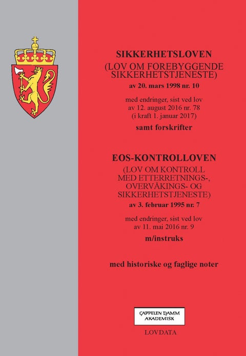Sikkerhetsloven ; EOS-kontrolloven : (lov om kontroll med etterretnings-, overvåkings- og sikkerhets - (lov om forebyggende sikkerhetstjeneste) av 20. mars 1998 nr. 10 : med endringer, sist ved lov av 12