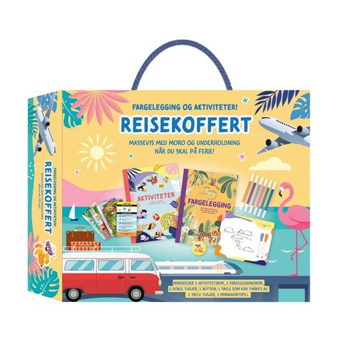 Reisekoffert. Med aktivitetsbøker, minnespill, button, tusjer og tavle