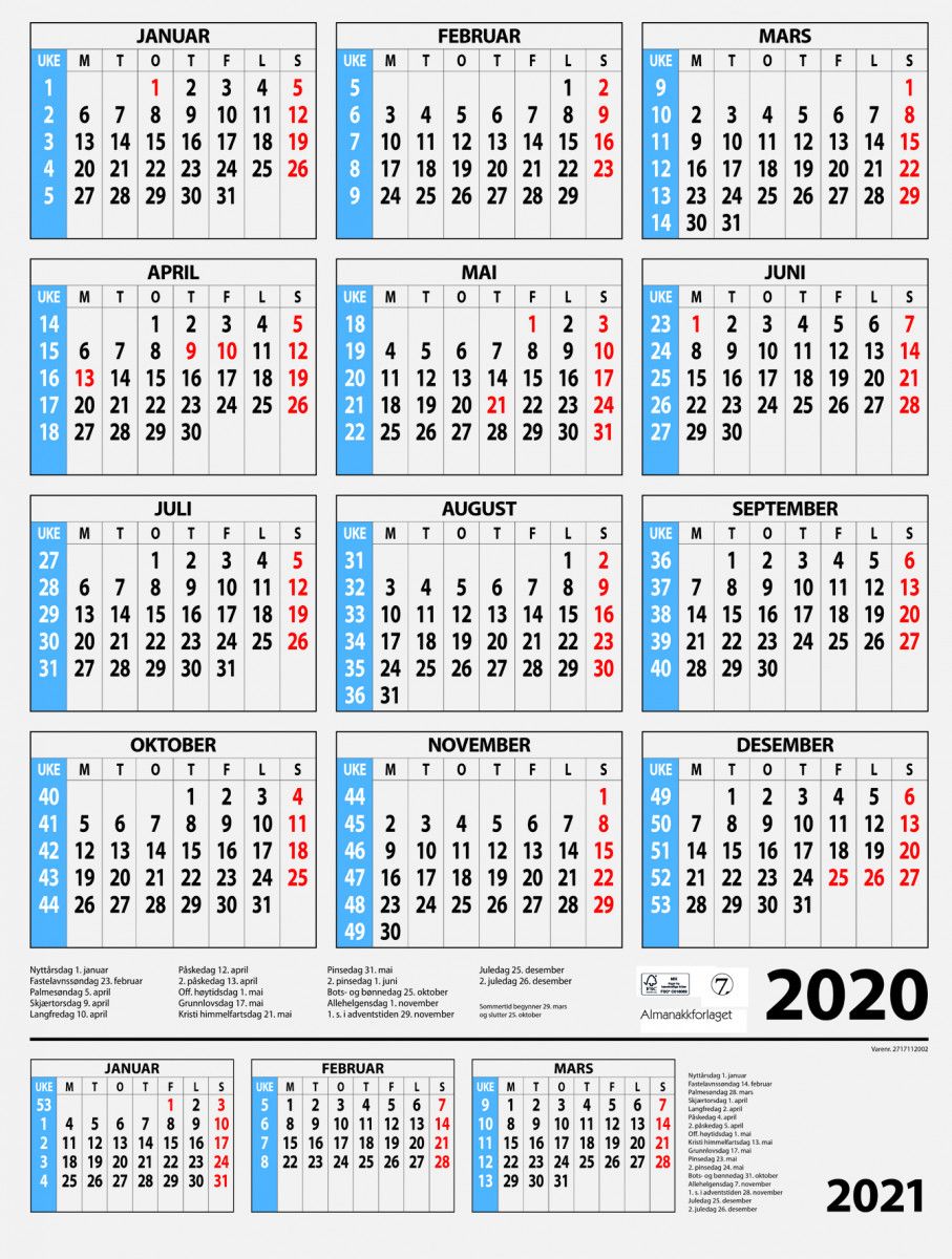 kalender 2020 uke