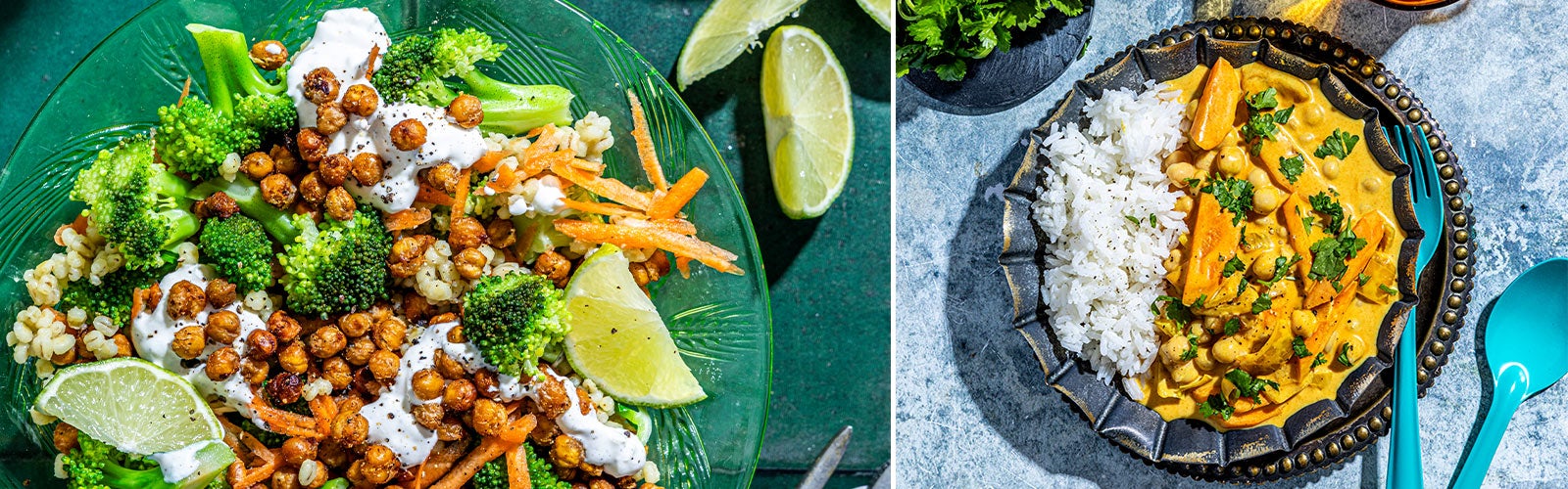 Todelt bilde fra kokeboka Ti ukers middagsplan av Kristoffer Tvilde. Brokkolisalat med kikerter og korma med kikerter.