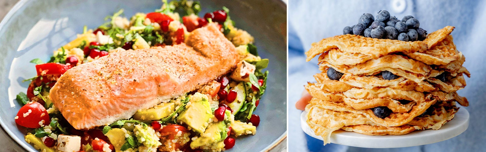 Todelt bilde fra Kristin Birkelunds kokebok Mer protein. Laks og quinoasalat, proteinrike vafler med blåbær