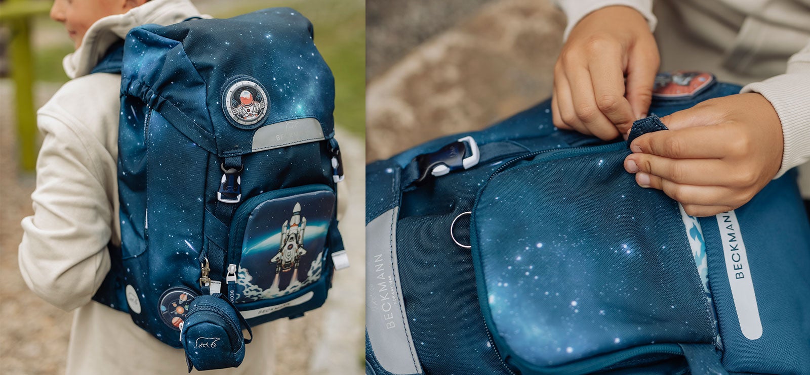 Førsteklassesekkene fra Beckmann har vendbar frontlomme for å gjøre skolesekken mer nøytral. På bildet er Space Mission.