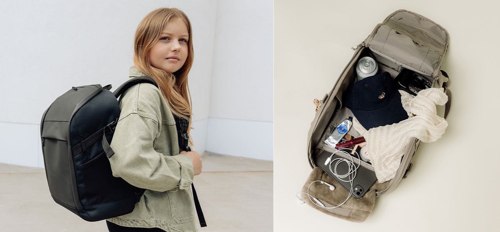 Beckmann Street Bold Barn med Beckmann Street Bold skolesekk i svart, samt åpen sekk som viser romslig oppbevaring med plass til laptop, matpakke og skoleutstyr.