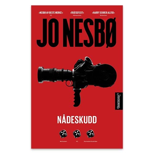 Nådeskudd av Jo Nesbø - bok 14 om Harry Hole. Boken har et rødt omslag med motiv av et svart filmkamera.