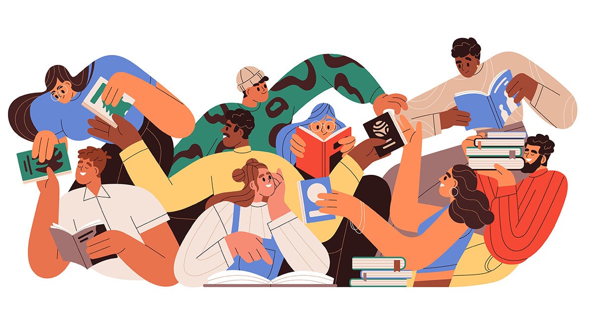 Bokklubbtips Illustrasjonsbilde av ulike mennesker som leser bøker.