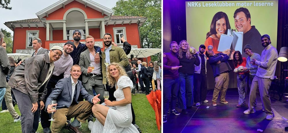 Todelt bilde: In medias res-bokklubb på Aschehougs hagefest + Sammen med NRKs Lesekluben